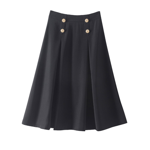 Elegant commuting wind autumn costume versatile high waist button embellishment of three -dimensional folds, thin, medium long A -line skirt black half skirt
