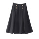 Elegant commuting wind autumn costume versatile high waist button embellishment of three -dimensional folds, thin, medium long A -line skirt black half skirt
