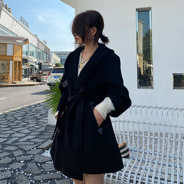 Hooded double-sided cashmere coat for women mid-length spliced ​​leather cloak autumn and winter new small wool coat for women