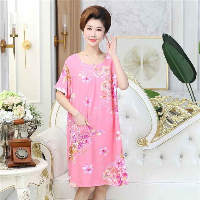 Short-sleeved summer cotton silk youth pajamas women's artificial cotton mother nightgown cotton silk plus fat large size home clothes thin