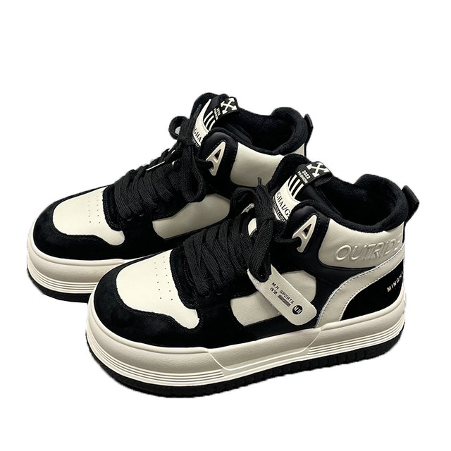 Genuine leather and velvet high-top shoes for women 2025 winter new round-toe thick-soled thickened warm cowhide sports and leisure sneakers