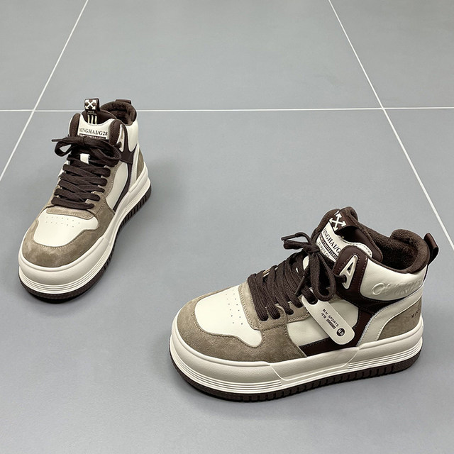 Genuine leather and velvet high-top shoes for women 2025 winter new round-toe thick-soled thickened warm cowhide sports and leisure sneakers