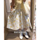 French retro yellow rose floral skirt with temperament high waist casual slim loose versatile printed fluffy skirt