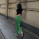 Retro green diamond printed skirt female 2024 summer new high -waisted slimming after split bag hip long skirt