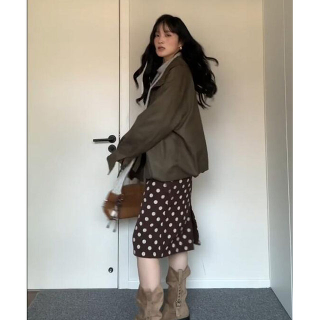 miu brown polka dot skirt for women retro relaxed elastic waist loose casual versatile mid-length A-line skirt
