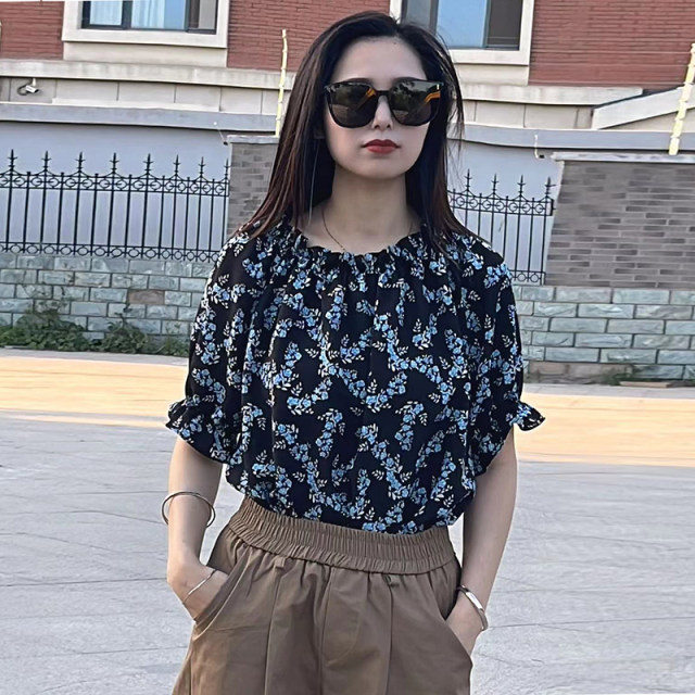 Large size women's lotus leaf sleeves one-length neck two-sleeved fashionable shirt for summer loose slim round neck versatile shirt
