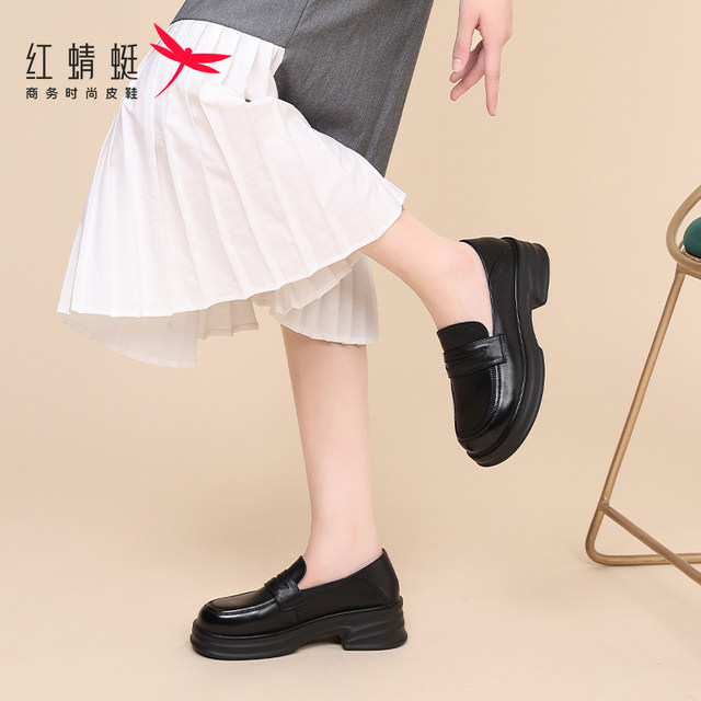 Red Dragonfly Women's Shoes Spring and Autumn New Soft Sole Leather Shoes Thick Sole Heightening Loafers Women's Leather Single Shoes Summer
