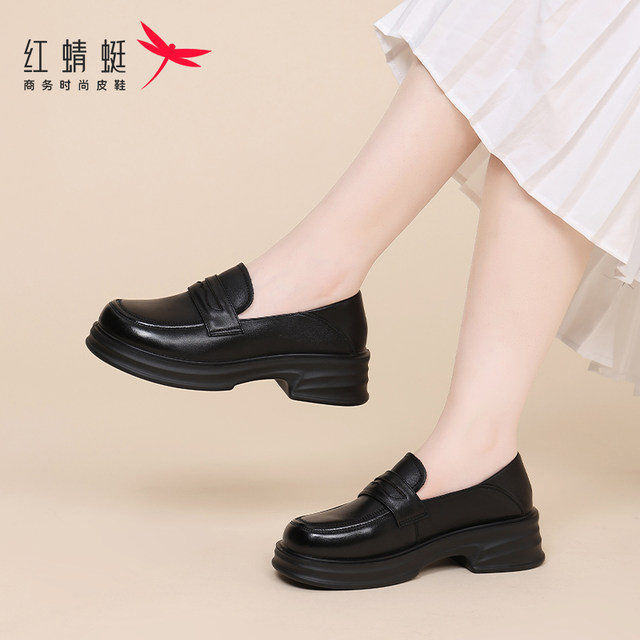 Red Dragonfly Women's Shoes Spring and Autumn New Soft Sole Leather Shoes Thick Sole Heightening Loafers Women's Leather Single Shoes Summer
