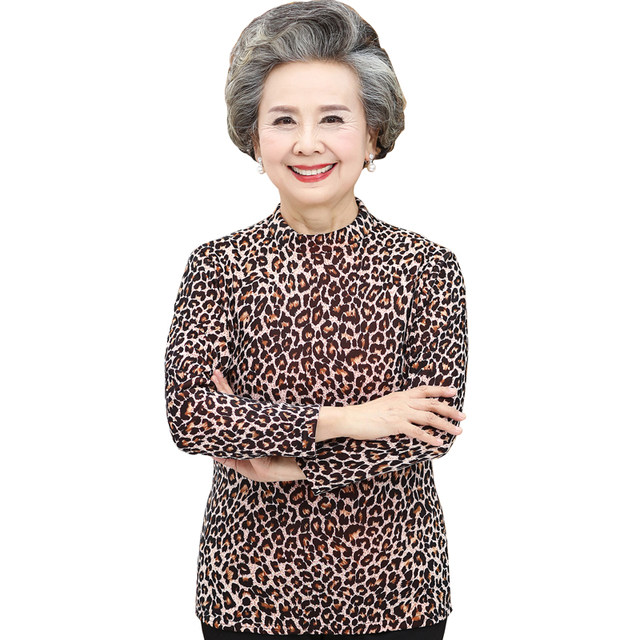 Fleece base shirt for women, middle-aged and elderly winter clothes new warm mid-collar printed T-shirt long-sleeved thickened mother top