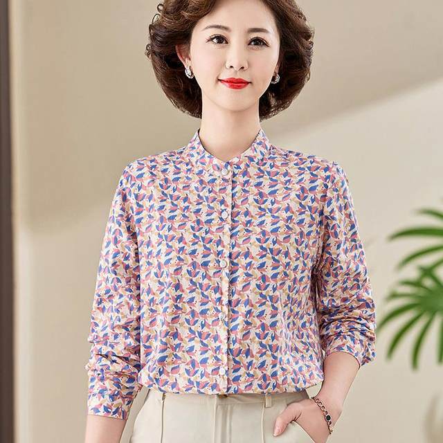 Fashionable young mother cotton long-sleeved small stand-up collar shirt, fashionable spring and summer middle-aged ladies floral cotton shirt trendy