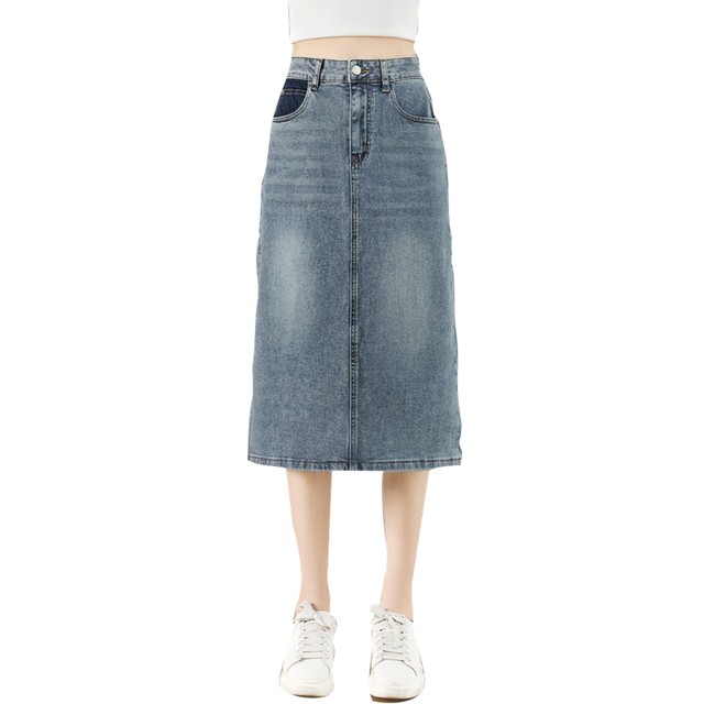 She pool high waist skirt 2025 spring new women's Hong Kong style washed and distressed back slit denim mid-length skirt