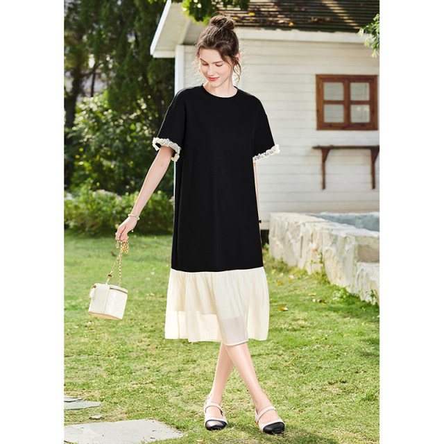 Her round neck dress 2025 summer new women's fashion contrasting color spliced ​​short sleeve mid-length A-line skirt