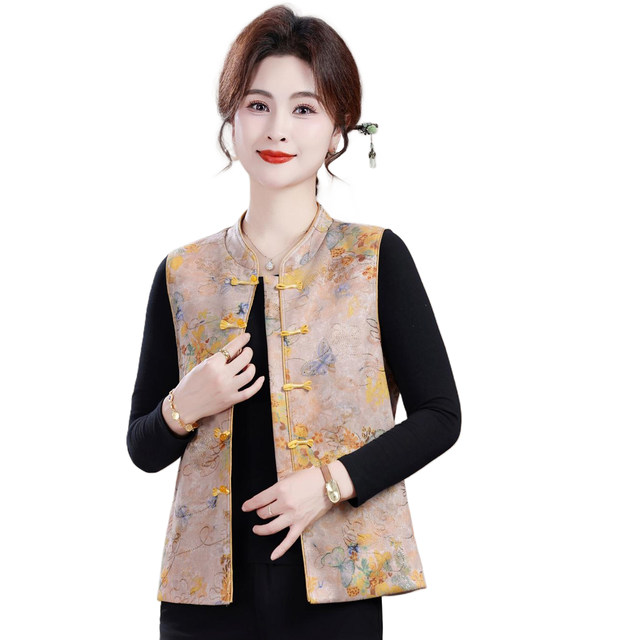 
New Chinese style spring and autumn thin mother's buckle vest middle-aged and elderly women's large size loose national style vest retro waistcoat