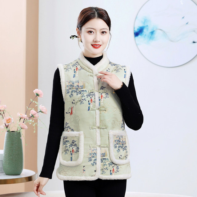 Mom's winter clothes with velvet Chinese style cotton vest middle-aged and elderly women's clothing with cold and warm new Chinese retro replica horse clamp
