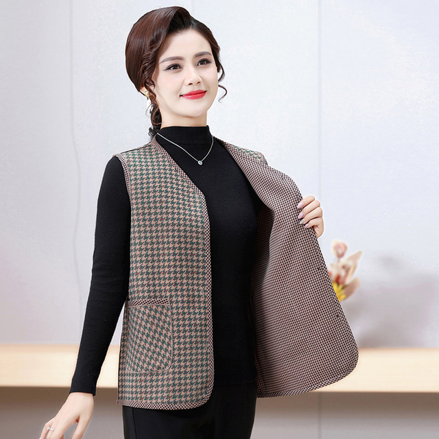 
Mother's clothing spring and autumn thin single-layer plaid vest vest middle-aged and elderly women's large size loose top vest