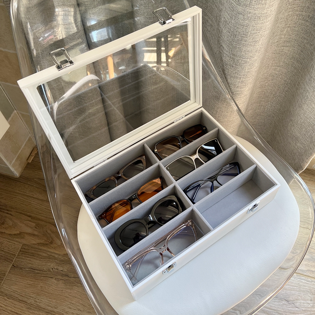 Advanced transparent glass cover glass storage box black leather velvet cloth multi-grid large-capacity sunglasses display stand
