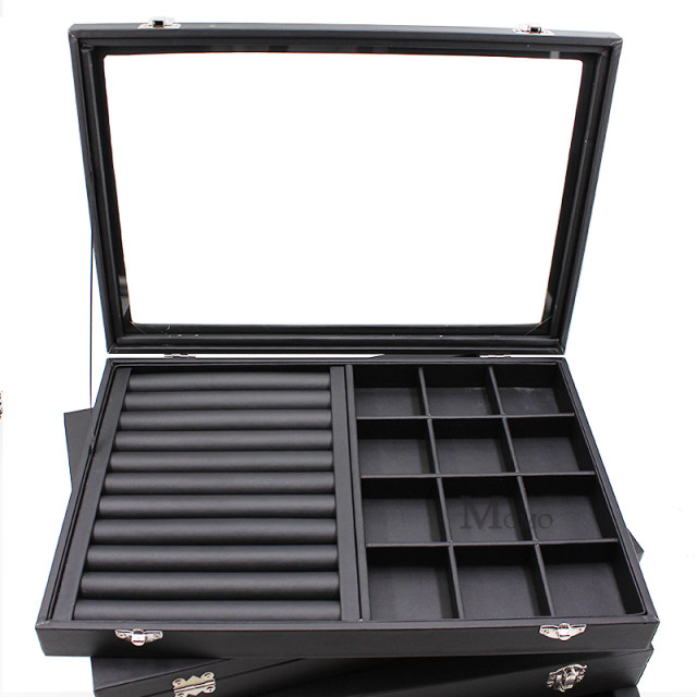 Large PU leather jewelry storage box transparent glass cover large capacity medium earring box ring earring display box