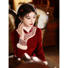 Red Cheongsam Winter Long Sleeves Thickened Warm Toast Bride New Year Chinese Style Wedding Woman