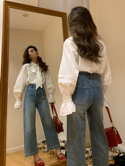 Removable bow French temperament white shirt women's puff sleeves ruffle high-end exquisite long-sleeved shirt