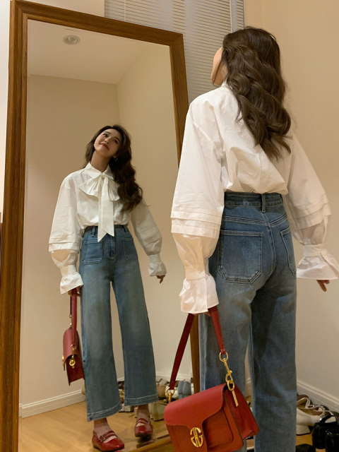 Removable bow French temperament white shirt women's puff sleeves ruffle high-end exquisite long-sleeved shirt
