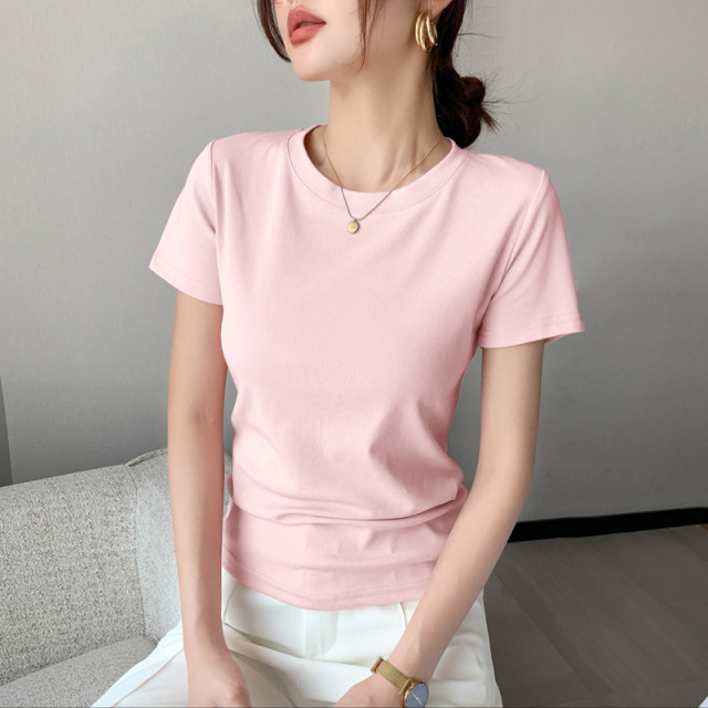 KMV Zhenweis purple short-sleeved women's 2025 spring and summer new slim and versatile waist-hugging slim round neck tight T-shirt