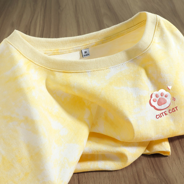 KV Zhenweis pink tie-dyed short-sleeved T-shirt for women 2025 new summer pure cotton t-shirt loose slimming top
