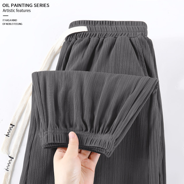 KV Zhenweis ice silk pants for women in summer 2025 new pleated casual pants gray-green high-end ice-sensing trousers