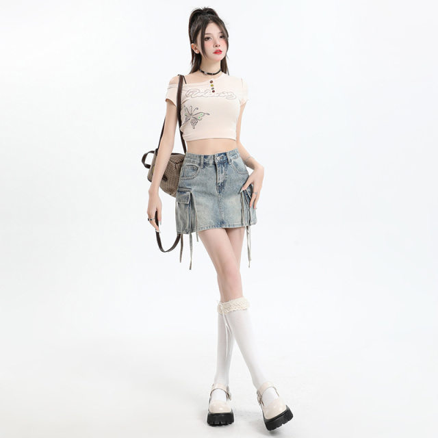 2024 European and American street style workwear pocket long tether slim short skirt versatile denim short skirt trendy (including lining)