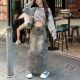 American retro pocket denim skirt for women in spring and summer 2025 new high-waisted slim and versatile A-line midi skirt
