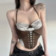 DARLINGAGA French retro lace stitching brown halter neck strap women's strap slim waist short vest