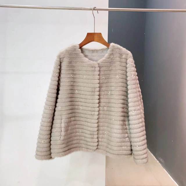 /Nalan Xun NO Return Shipping Fee Self-Care Round Neck Flower-cut Mian Velvet Pearl Embellished Short Fur Jacket Women's 9813