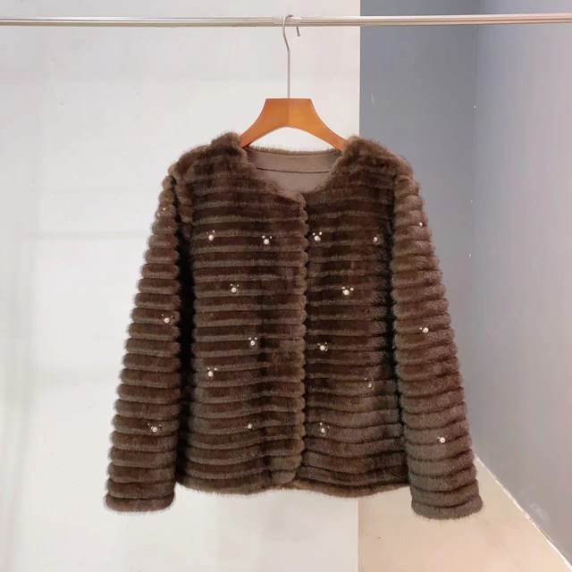 /Nalan Xun NO Return Shipping Fee Self-Care Round Neck Flower-cut Mian Velvet Pearl Embellished Short Fur Jacket Women's 9813