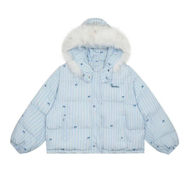 New winter Korean retro bow printed striped cotton coat for female students loose hooded wool collar warm cotton suit