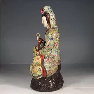 中国古美術 民国時期 粉彩如意觀音立像 陶器置物 曾龍升造款  置物 供養仏像