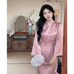 TYANG Er Design( drunk rouge) national style new Chinese purple butterfly satin embroidered cheongsam dress