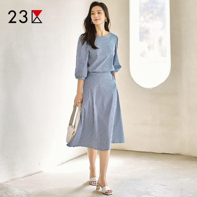 Area 23 Japanese spring and summer commuting loose version cotton blended fine lattice over-knee skirt A-line flared skirt shopping mall style