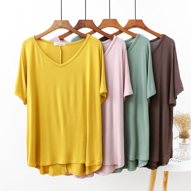 Summer Thin Modal Short Sleeve Large Size T-shirt Women's V-neck Casual Loose Pajamas Pregnant Women Home Solid Color Bottoming Shirt