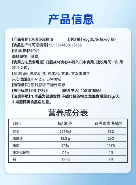 
Deep sea fish oil soft capsule fish liver oil adult middle-aged and elderly fish oil omega3 high concentration official flagship store genuine product