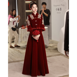 Chinese toast Bride Cheongsam Winter Flocking Thickened Wedding Velvet Show Wrapper Senior Sensual Winter