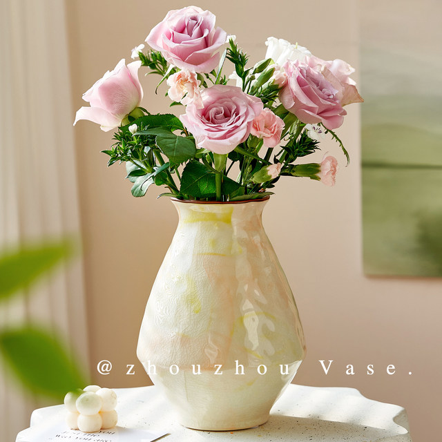 French medieval ice cracked ceramic vase pink gradient oil painting style home decoration ornaments living room flower vase