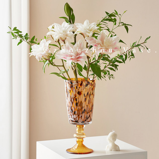 Zhouzhoujia American leopard print medieval glass vase light luxury high-end decoration retro home vase tall flower vessel