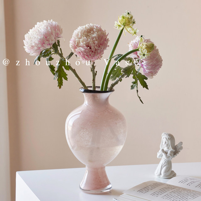 
Zhouzhou's pink glass vase, small mouth and big belly vase, new Chinese style water-raised tall-footed flower ware, home glass ornaments