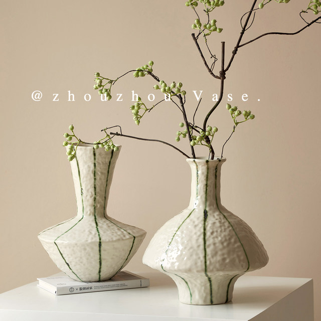 New Chinese style retro handmade ceramic vase hydroponic living room home soft furnishing flower arrangement ornaments art flower vessel Zen style