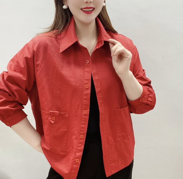 
Spring and Autumn New Style Shirt Jacket Slimming Versatile Solid Color Single Breakfast Loose Solid Color Lapel Top Age Reducing Mother's Wear