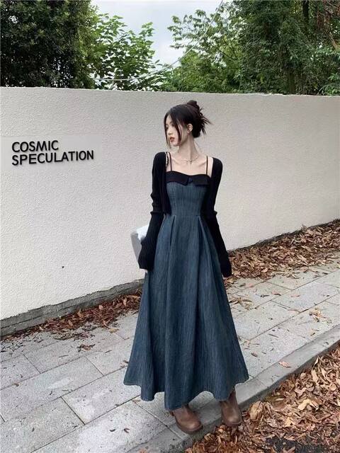Black knitted cardigan sweater contrasting color splicing strapless denim dress high-end temperament two-piece suit