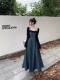 Black knitted cardigan sweater contrasting color splicing strapless denim dress high-end temperament two-piece suit