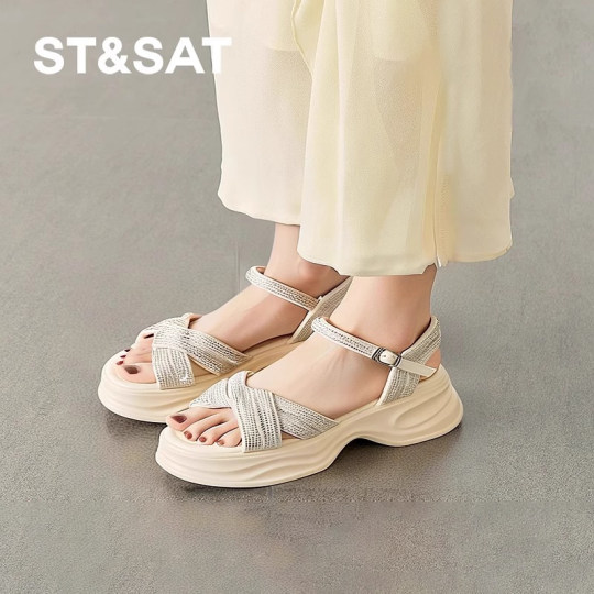 
Saturday casual sandals for women 2025 summer new versatile thick sole increased open toe rhinestone comfortable beach shoes