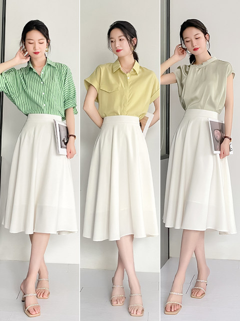 Spring and summer white skirt for women with drooping high waist pear shape A-line slim commuting temperament mid-length umbrella skirt