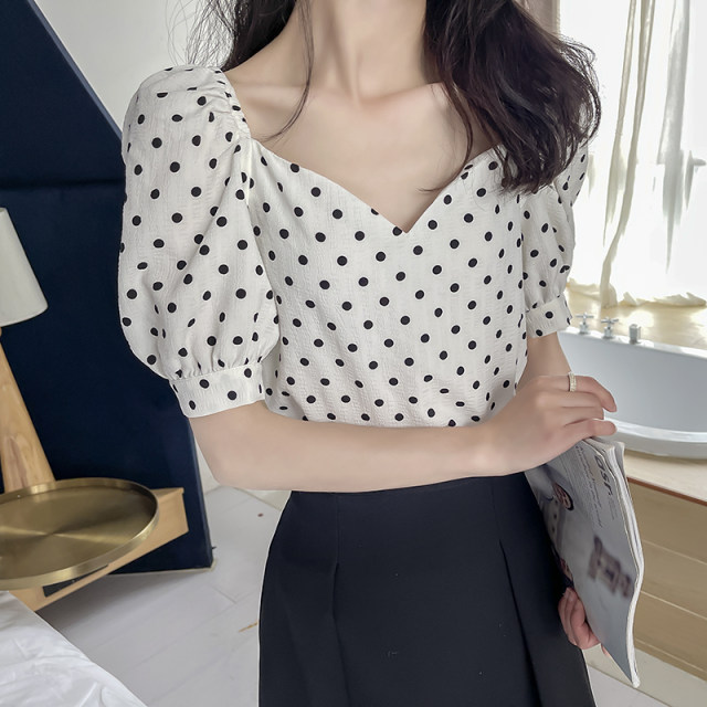 Chiffon polka dot top for women summer French square collar clavicle slim puff sleeve short sleeve thin retro printed shirt