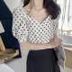 Chiffon polka dot top for women summer French square collar clavicle slim puff sleeve short sleeve thin retro printed shirt